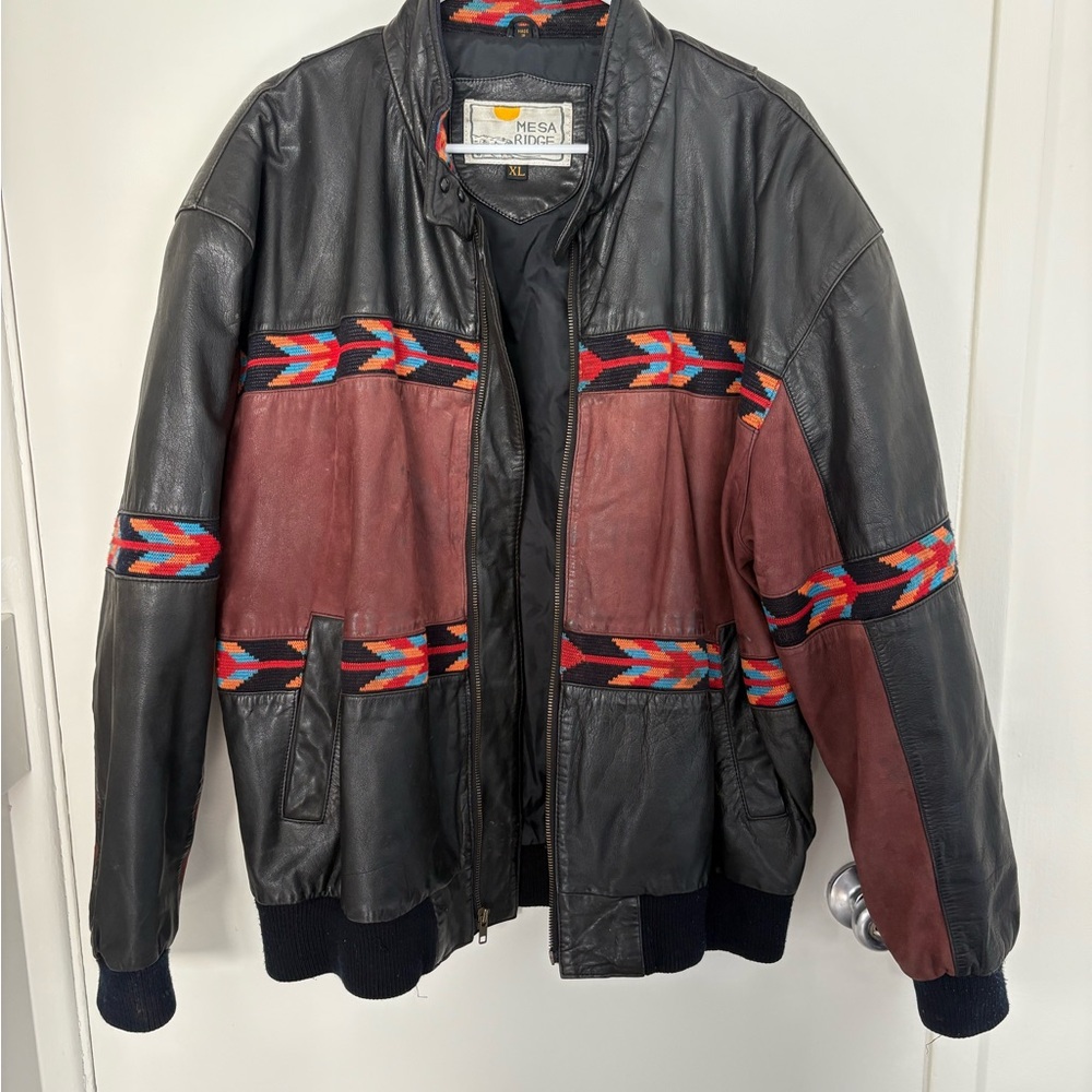 Vintage Leather Southwestern Bomber Jacket 80s 90s Mesa Ridge
